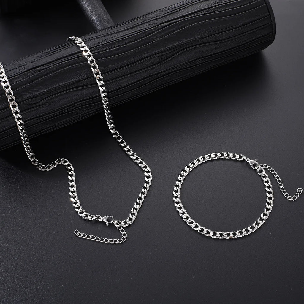 2pcs Street Hip Hop Silver Color Stainless Steel Cuban Chain Necklace Bracelet Set for Men Chunky Chain Set Male Punk Jewelry