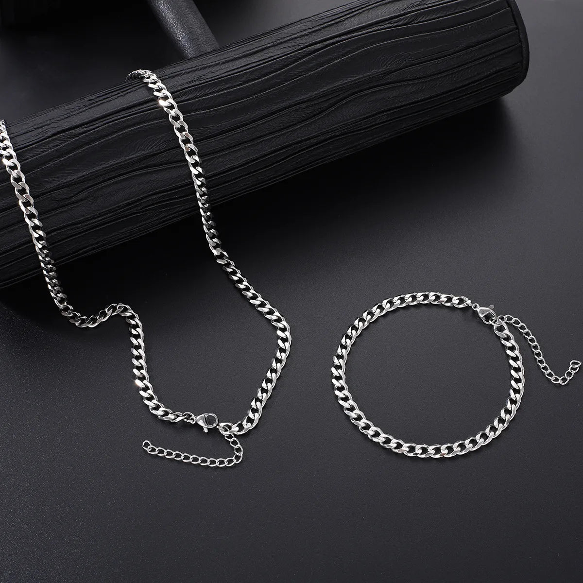 2pcs Street Hip Hop Silver Color Stainless Steel Cuban Chain Necklace Bracelet Set for Men Chunky Chain Set Male Punk Jewelry