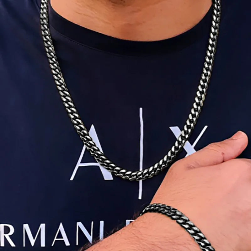 2pcs Street Hip Hop Silver Color Stainless Steel Cuban Chain Necklace Bracelet Set for Men Chunky Chain Set Male Punk Jewelry