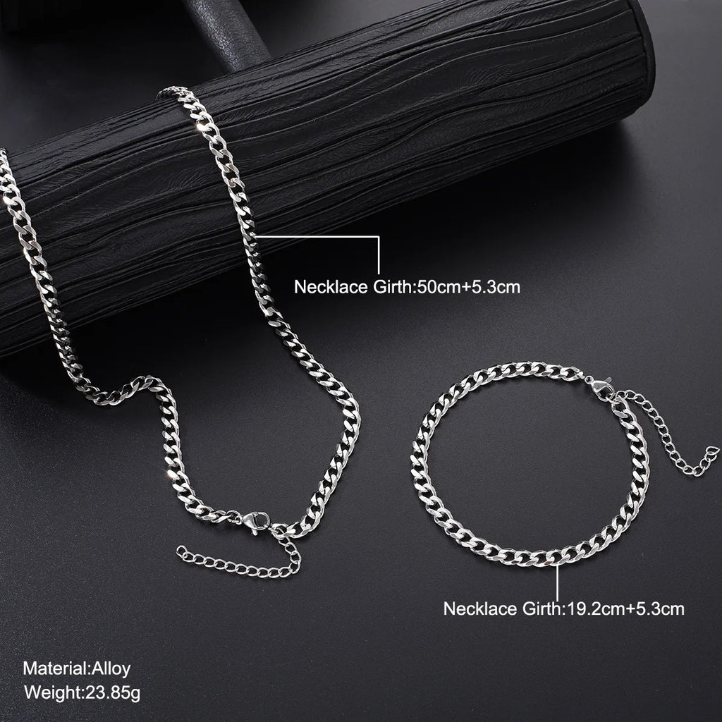 2pcs Street Hip Hop Silver Color Stainless Steel Cuban Chain Necklace Bracelet Set for Men Chunky Chain Set Male Punk Jewelry