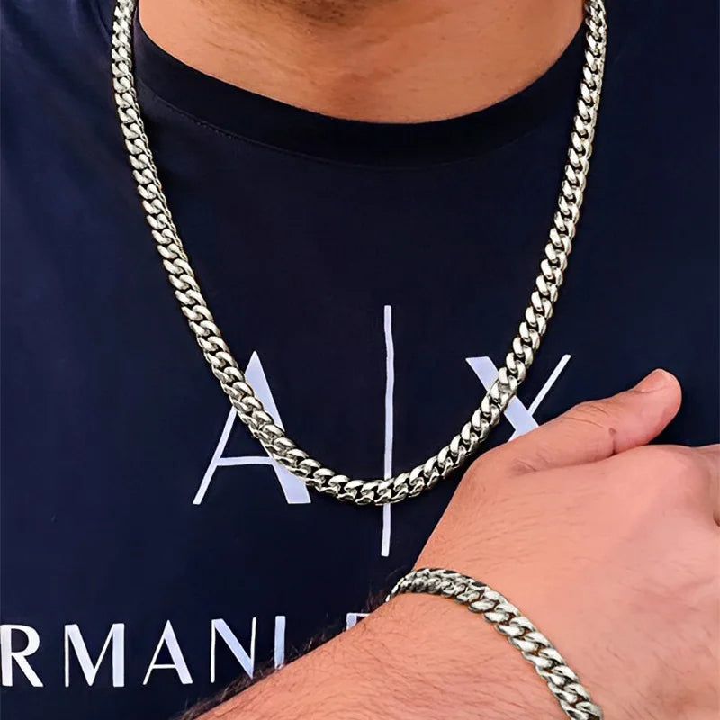 2pcs Street Hip Hop Silver Color Stainless Steel Cuban Chain Necklace Bracelet Set for Men Chunky Chain Set Male Punk Jewelry